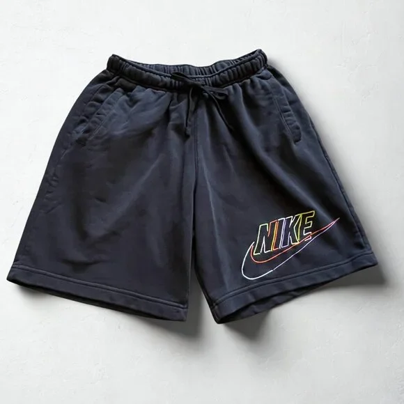 Nike Men’s Black Fleece Athletic Shorts - Size Medium - Multi-Color Logo - Picture 1 of 9